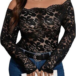 Women's Plus Size Off The Shoulder Long Sleeve Top Floral Lace Sheer Slim Fitted